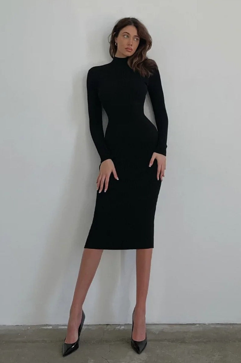 Semi-high Neck Slim Fitted Knit Sweater Dress