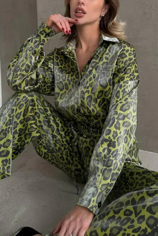 Leopard Print Long-sleeved Top and Loose Elastic Waist Tie Pants Set