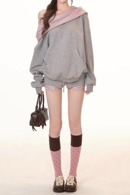 Plaid Patchworkoff-the-shoulder Oversized Two Piece Set