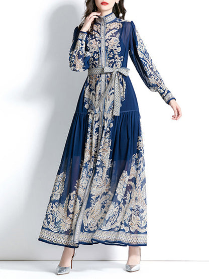 A-line Puff Sleeves Printed See-through Tied Waist Stand Collar Maxi Dresses