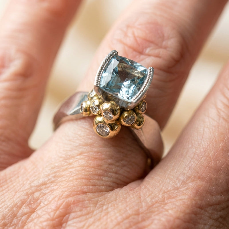 Vintage Blue Zirconia Gold & Silver Ring