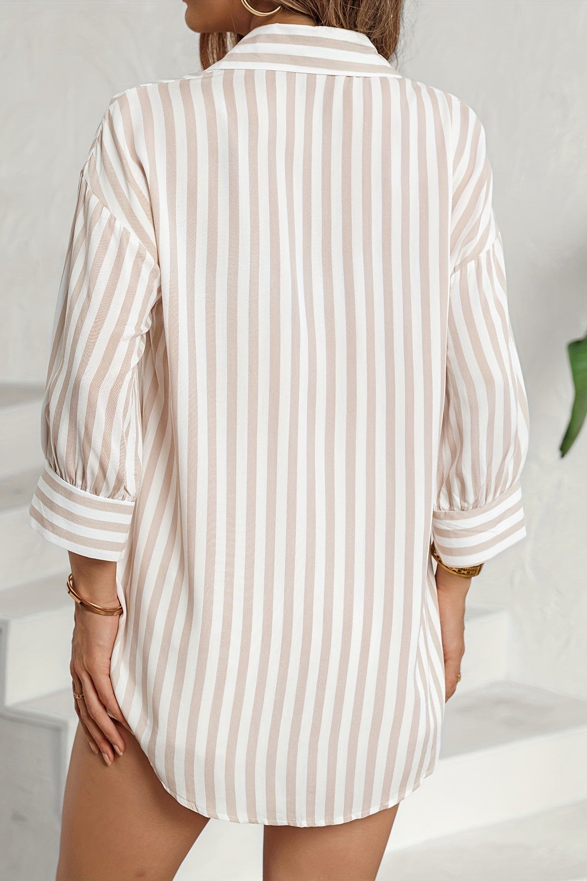 Striped Long Sleeve Pocket Button-down Blouse
