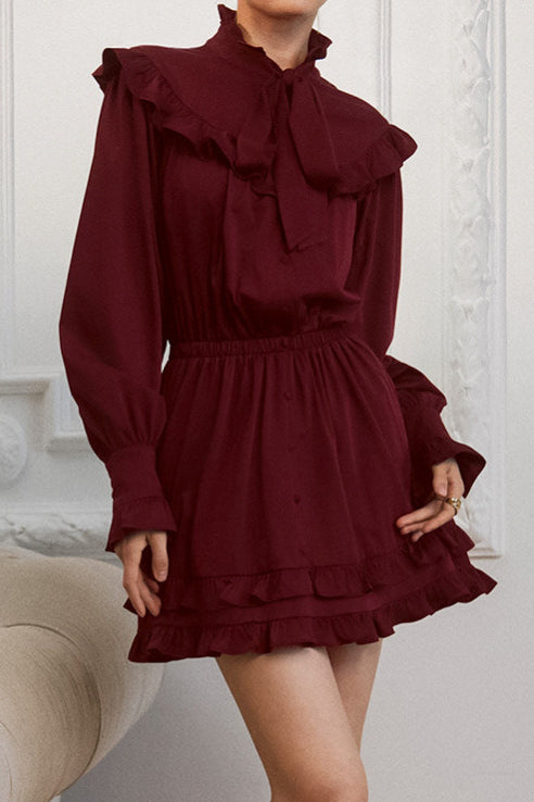 Bow Tie Lace Up Long Sleeve a Line Mini Dress