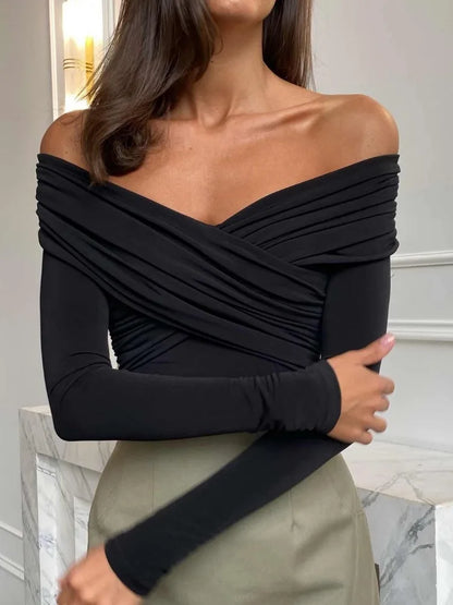 White See-through Patchwork Jumpsuit for Pleated Slim High Waist Long Sleeve Off-shoulder Rompers