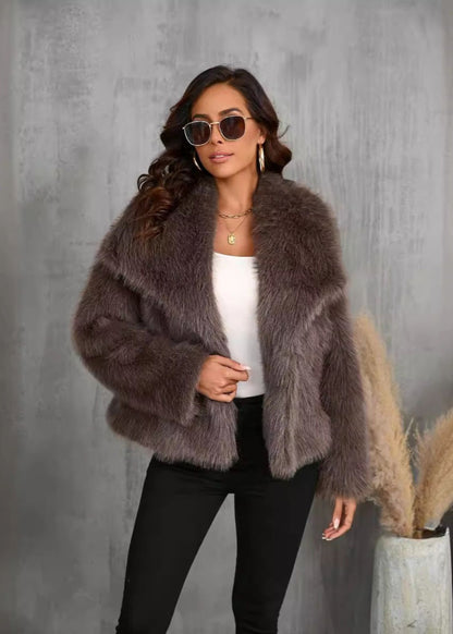 Amara Faux Fur Jacket – Soft Brown Short Coat With Wide Collar