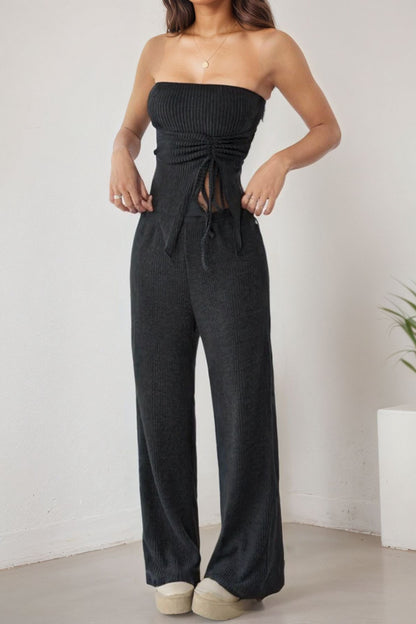 Wrap Front Split Hem Top Straight Pants Set