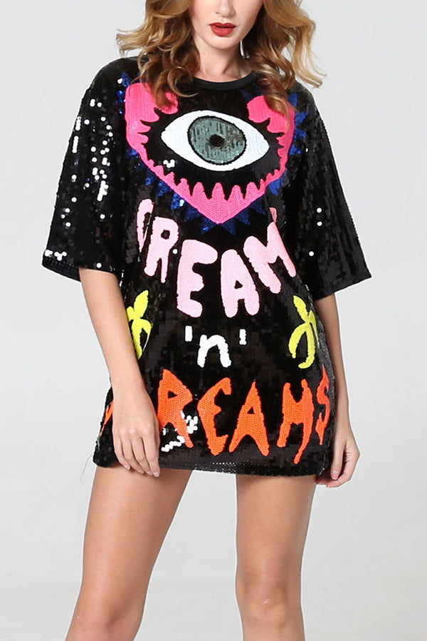 Love Eyes Letters Sequined Round Neck Short Sleeve Mid-length Loose T-shirt