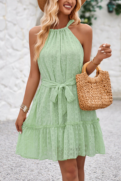 Simple Color Jacquard Patchwork Lace Up Drawstring Mini Dress