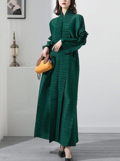 Long Sleeves Loose Tied Pleated Stand Collar Midi Dresses