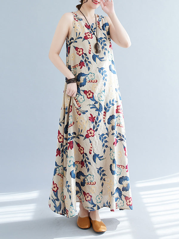 Loose Sleeveless Printed Round-neck Maxi Dresses
