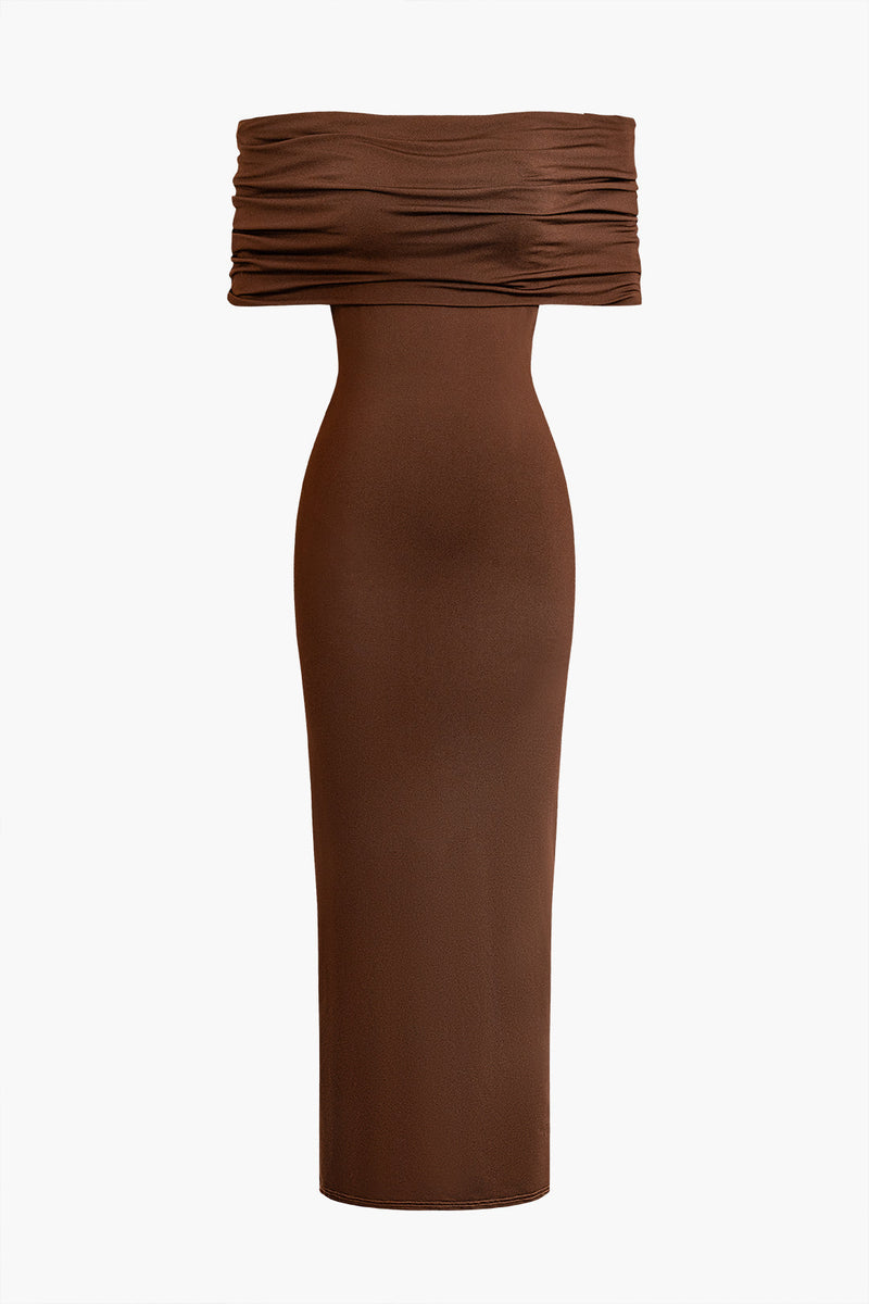 Brown Twisted Backless Off Shoulder Maxi Dress