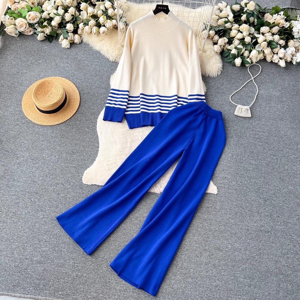 Blue - Striped Half-turtleneck Sweater Two Piece Set
