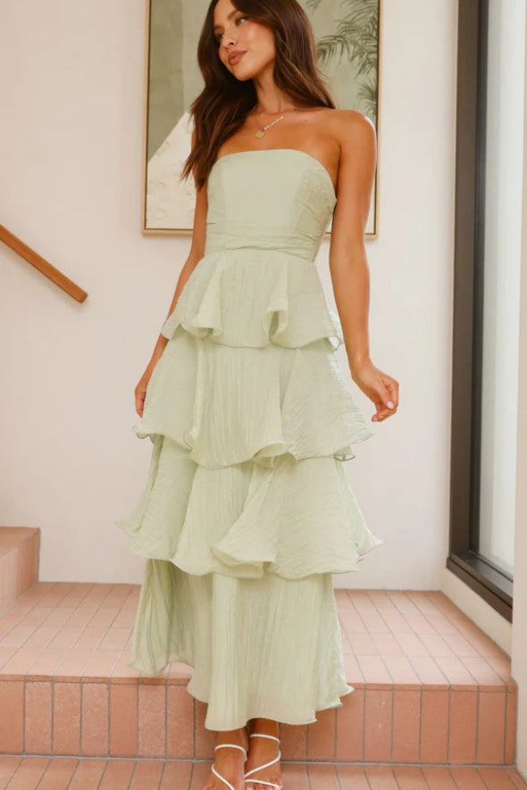 Strapless Backless Ruffle Tiered Midi Dress