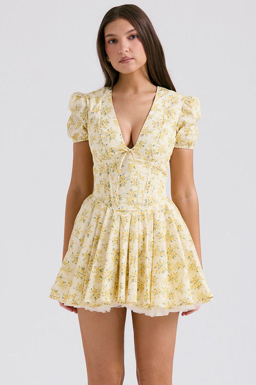 Buttercup Print Pleated Cotton Mini Dress