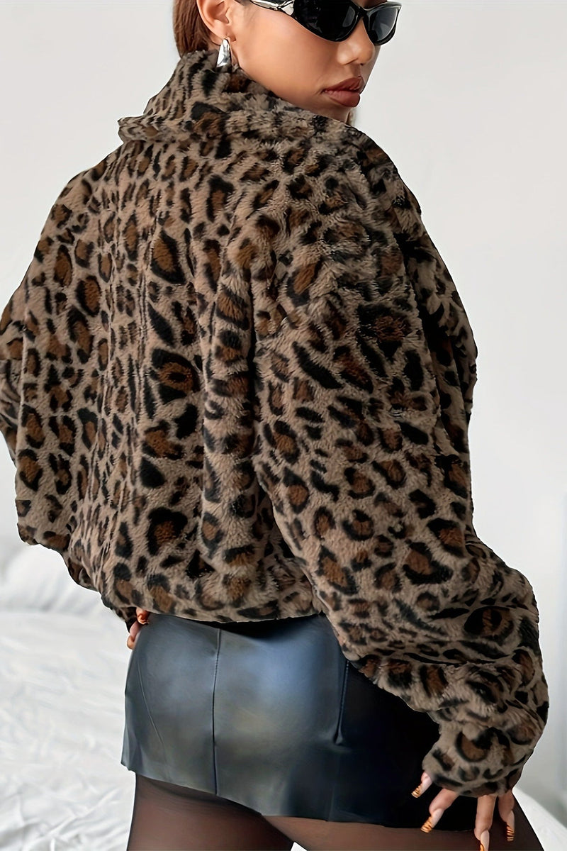 Loose Fit Leopard Fleece Coat
