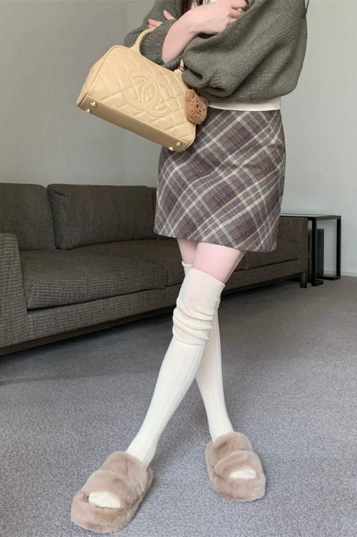Wool Plaid High Waist A-line Skirt