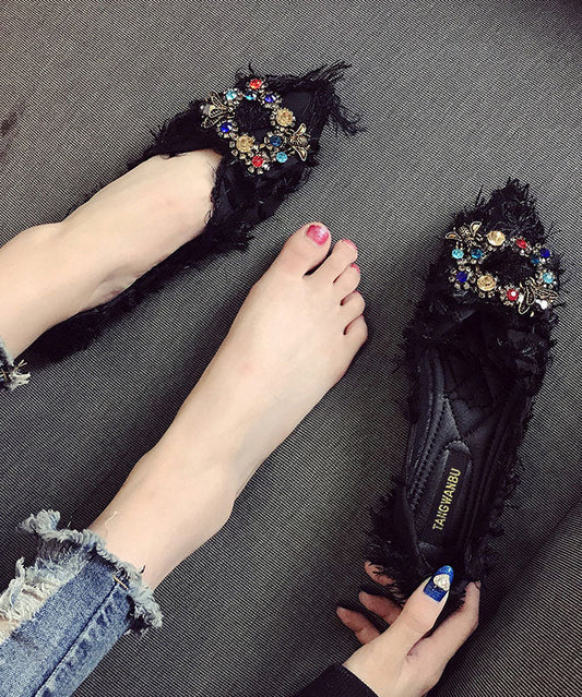Black Flats Splicing Pointed Toe Sequined Zircon