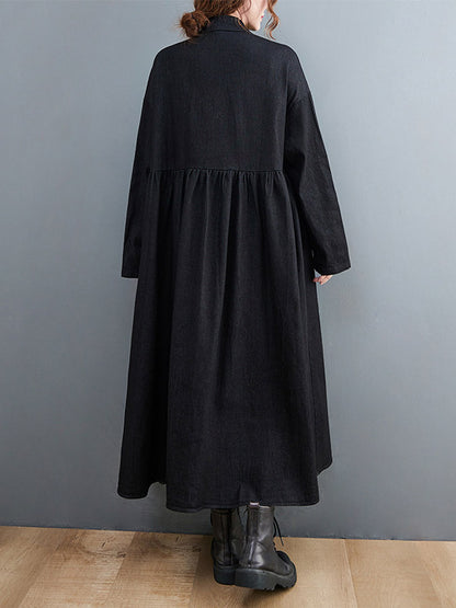 Original Loose Denim Split-joint Tied Lapel Collar Long Sleeves Midi Dress