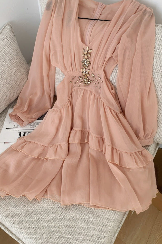 Deep V Cut Out Waist Rhinestone Chiffon Mini Dress