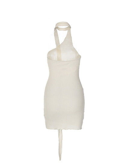 Backless Ribbon Slim Mini Dress With Slanted Shoulder