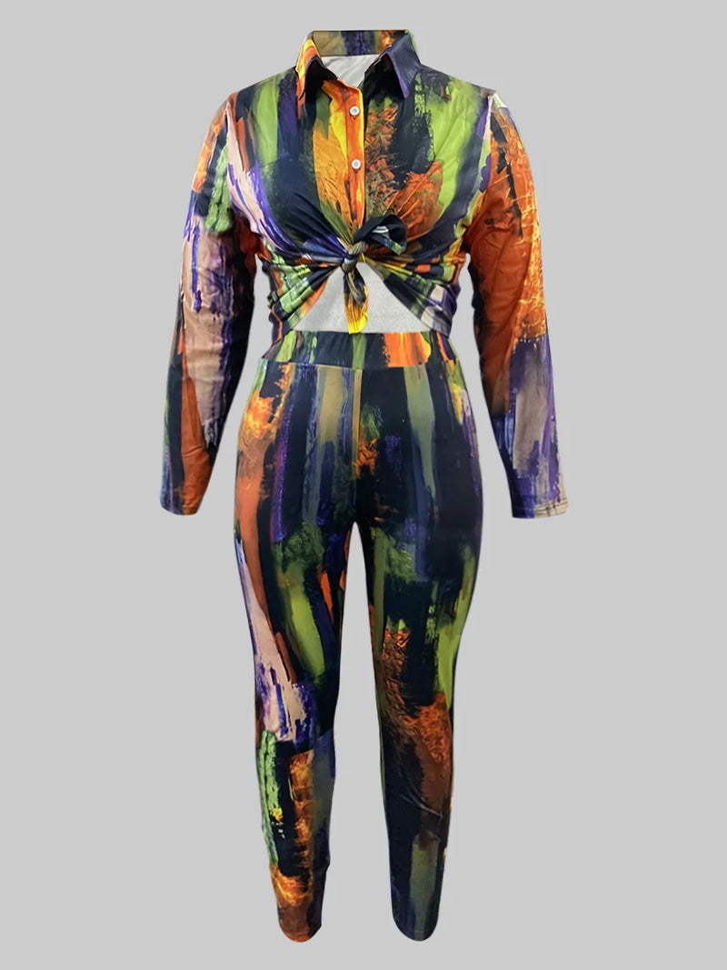 Tie Dye Regular Fit Pants Set Shirt Collar Gradient Print Pattern Two Piece Outfit Matching Suit for