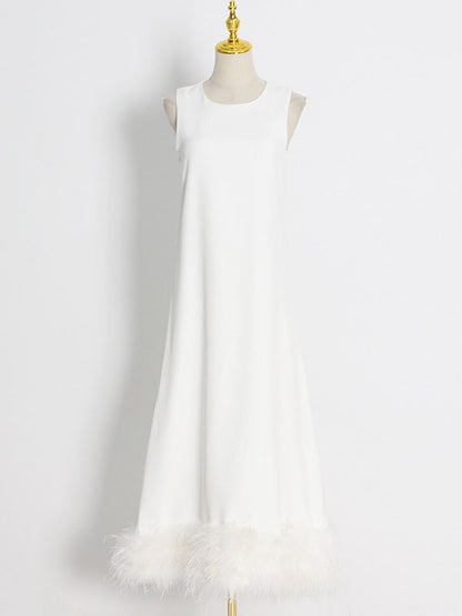 Simple Sleeveless Loose Feathers Color Midi Dresses