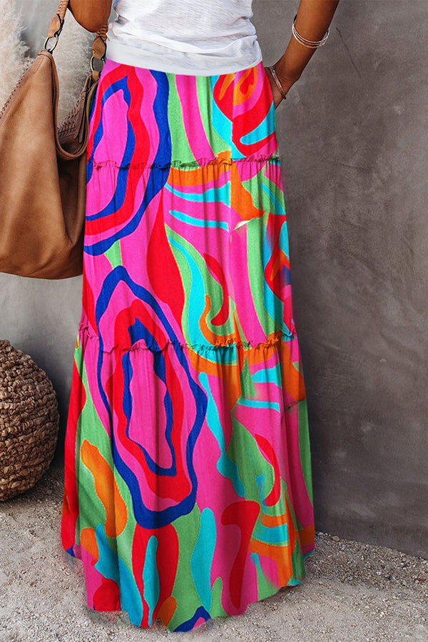 Print Stretch Elastic Waist Pocket High Waist Skirt