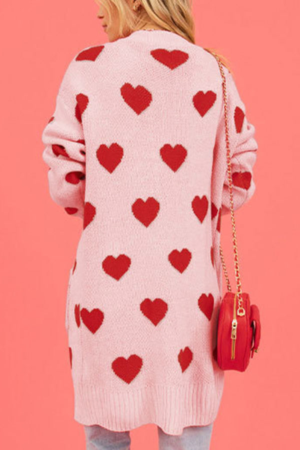 Love Knitted Cardigan Love Pocket V-neck Mid-length Knitted Cardigan