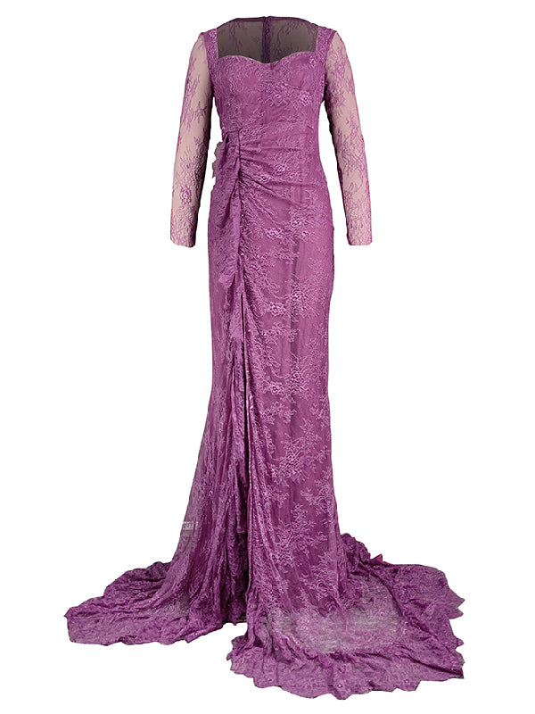 Long Sleeves Mermaid Mesh See-through Split-side Square-neck Evening Dresses Maxi Dresses