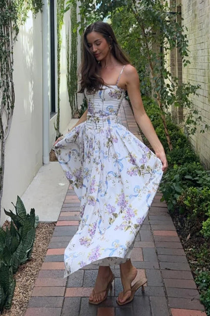 Rayon Printed Strap Pleated Maxi Dress
