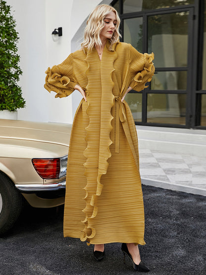 Original Loose Long Sleeves Tied Pleated Falbala Color V-neck Maxi Dresses