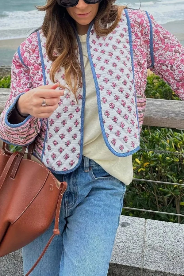 Printed Reversible Quilted Cardigan Jacket With Color Matching Small Cotton-padded Jacket