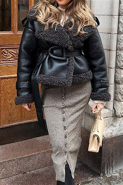 Edgy Plush Leather Panel Belt Coat