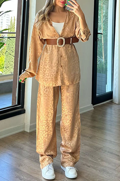 Leopard Print Jacquard Long Sleeved Shirt With Elastic Waist and Pant Two Piece Set
