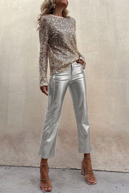 Sinclair Metallic Faux Leather High Rise Pocketed Straight Pants(shipped Within 24 Hours)