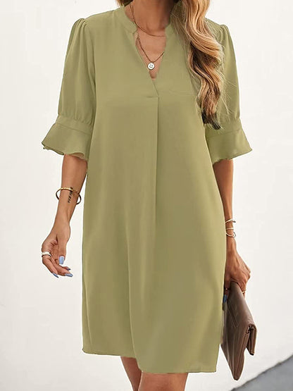 A-line Flared Sleeves Pleated Ruffled Color Split-joint V-neck Mini Dresses