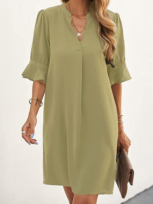 A-line Flared Sleeves Pleated Ruffled Color Split-joint V-neck Mini Dresses