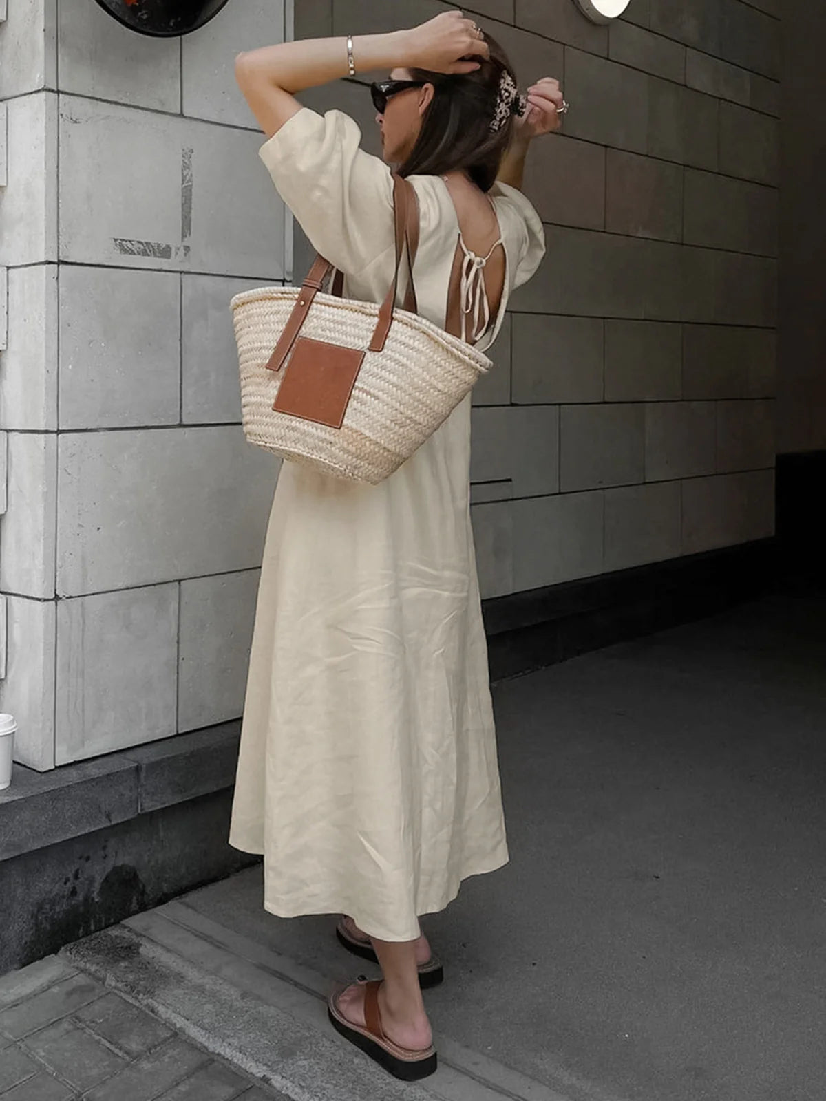 Cotton & Linen Button-front Knotted Long Dress