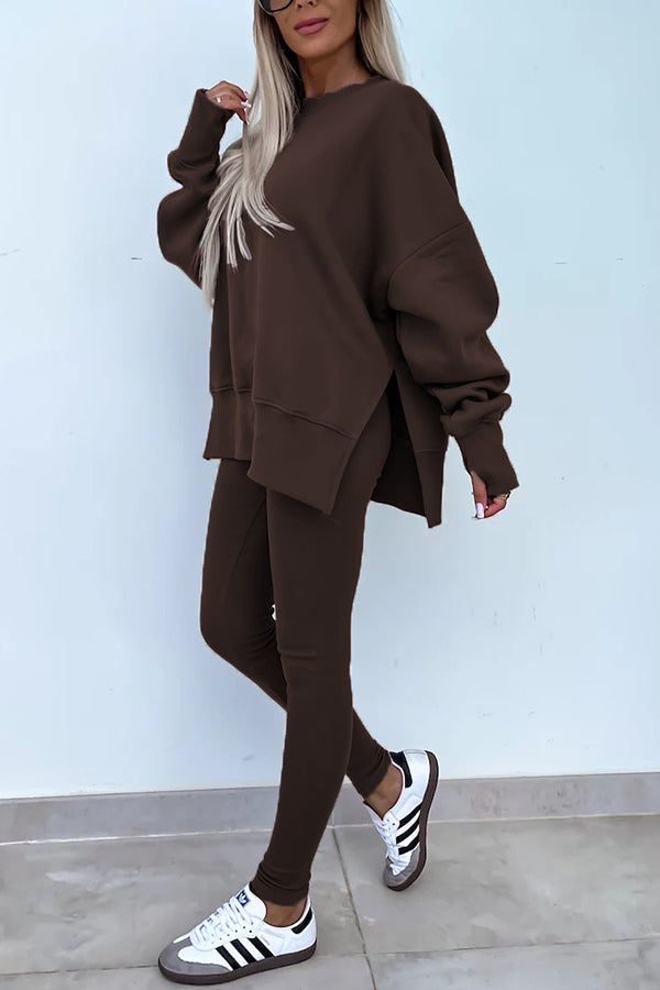 Color Loose Long Sleeve Slitsweatshirt and Elastic Waist Tight Pants Set