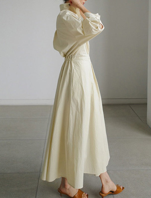 Long Sleeves Loose Pleated Color Split-joint Tied Waist Lapel Midi Dresses Shirt Dress