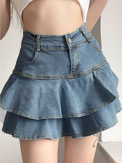Blue High Rise Tiered Denim Mini Skirt