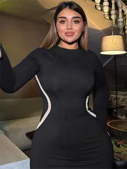 Black Patchwork Slim Dress for Long Sleeve Contrast Bodycon Party Dress Maxi Dress
