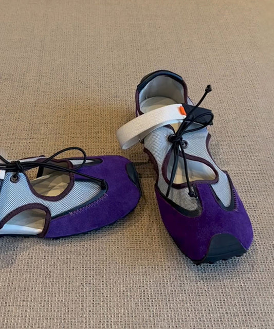 Purple Hollow Out Lace Up Splicing Flat Shoes for
