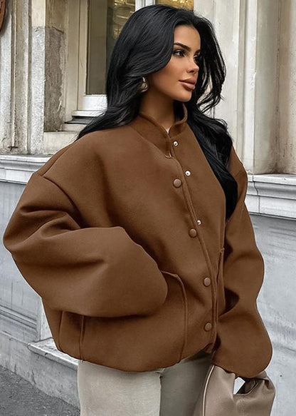Retro Luxe Woolen Stand Collar Coat - Coffee Brown