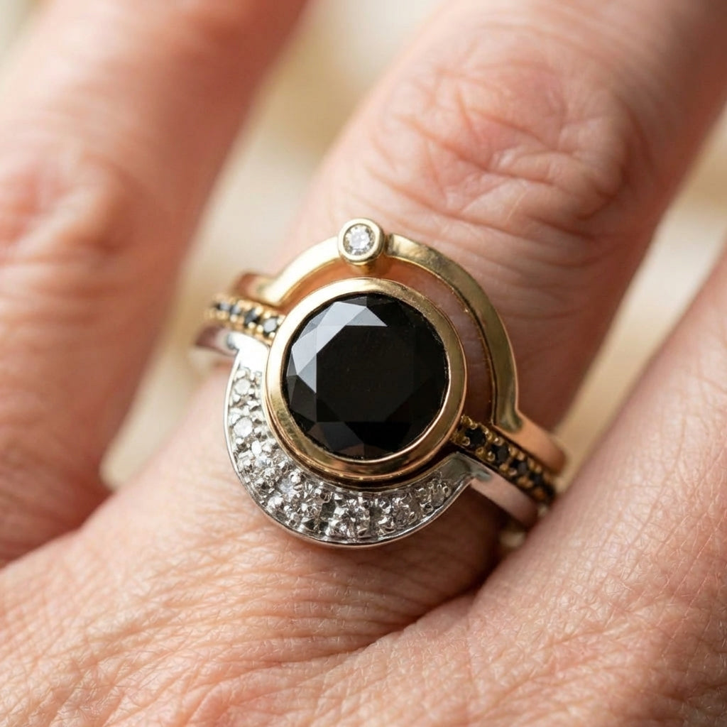 Vintage Black Glass & Zirconia Gold Ring
