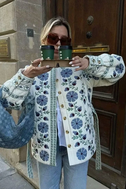 Print Tie Waist Cotton Puffer Coat