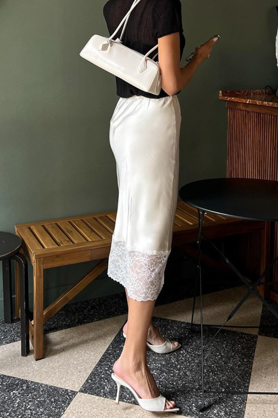 Satin Lace Trim Bodycon Skirt