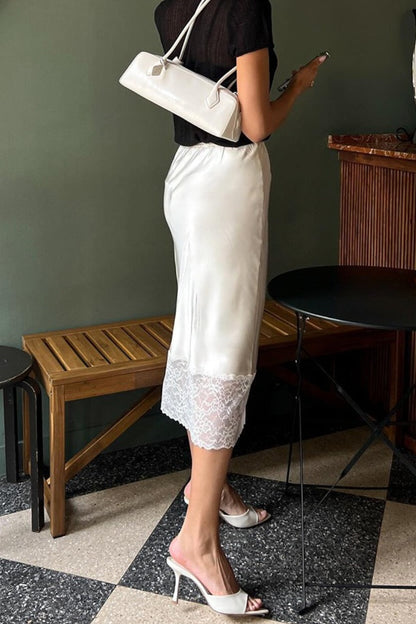 Satin Lace Trim Bodycon Skirt