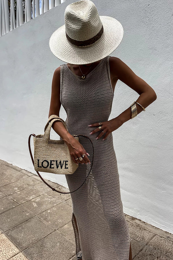 Color Knitted Cutout Slit Slim Fit Maxi Dress