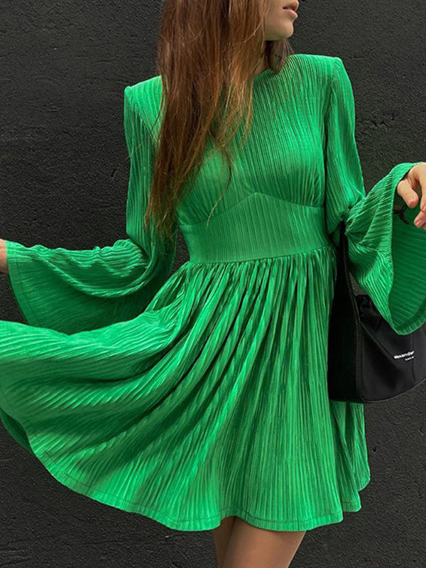 A-line Flared Sleeves High-waisted Pleated Color Zipper Round-neck Mini Dresses